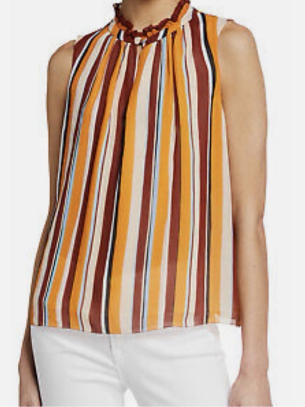 FRAME Denim 100% Silk Ruffle Neck Split V-Neck Striped Tank Top